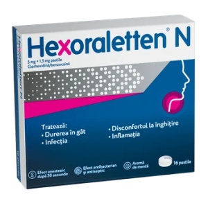 Hexoraletten N 5mg + 1,5mg, 16 pastile, Johnson&Johnson
