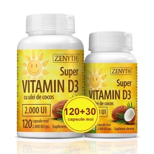 Pachet Super Vitamina D3 cu ulei de cocos 2000UI, 120 + 30 capsule, Zenyth