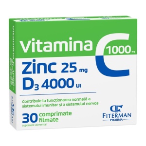 Vitamina C 1000 mg + Zn 25 mg + D3 4000UI, 30 comprimate filmate, Fiterman