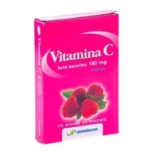 Vitamina C 180mg cu aroma de zmeura, 24 comprimate, Amniocen