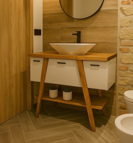 Masca lavoar Norda lemn masiv + mdf alb, 1 usa si 2 sertare, 120 x 55 x 75 cm