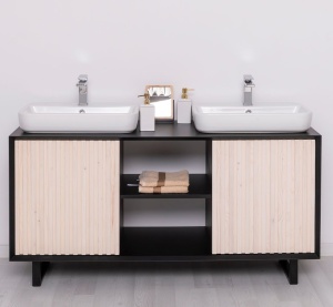 Masca de baie dubla lemn masiv + mdf Pianno, 2 usi, 150 x 50 x 76 cm - Img 3