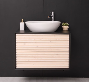 Masca de baie suspendata Pianno lemn masiv + mdf, 2 sertare, 90 x 50 x 61.4 cm - Img 3