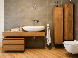 Set Mobilier baie Alexandros Stejar Masiv, blat lavoar cu sertare si 2 dulapuri - Img 1