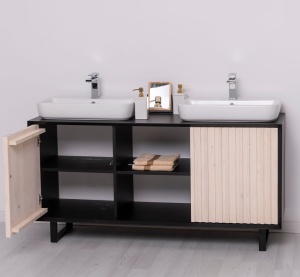 Masca de baie dubla lemn masiv + mdf Pianno, 2 usi, 150 x 50 x 76 cm - Img 4