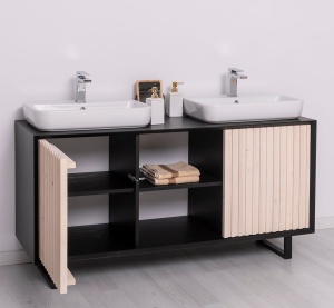 Masca de baie dubla lemn masiv + mdf Pianno, 2 usi, 150 x 50 x 76 cm - Img 5