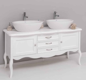 Masca de baie Lemn Masiv Shabby Chic pentru doua lavoare, 2 usi si 3 sertare, 150 x 54 x 75 cm - Img 5