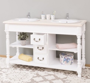 Masca de baie Shabby Chic lemn masiv pentru 2 lavoare, 150 x 54 x 90 cm - Img 3