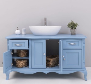 Mobilier baie Shabby Chic lemn masiv, 4 usi si 2 sertare, 140 x 57 x 75 cm - Img 3