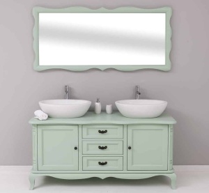 Set Mobilier de Baie lemn masiv Shabby Chic, oglinda + masca lavoar dubla - Img 1