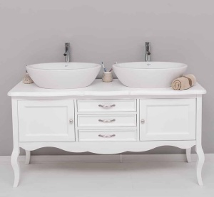 Masca de baie Lemn Masiv Shabby Chic pentru doua lavoare, 2 usi si 3 sertare, 150 x 54 x 75 cm - Img 2