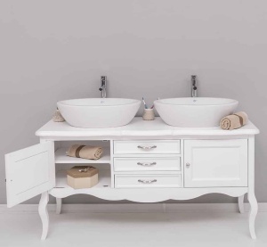 Masca de baie Lemn Masiv Shabby Chic pentru doua lavoare, 2 usi si 3 sertare, 150 x 54 x 75 cm - Img 3