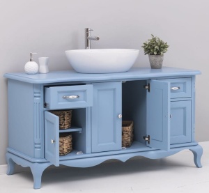 Mobilier baie Shabby Chic lemn masiv, 4 usi si 2 sertare, 140 x 57 x 75 cm - Img 4