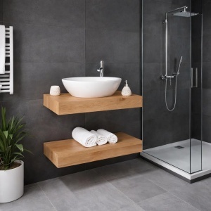 Blat de baie lemn masiv de stejar Magic Oak, suspendat, 90 x 50 x 10 cm - Img 2