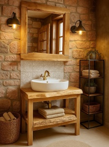 Set Mobilier baie Hora Stejar Masiv, Masca lavoar + Oglinda cu etajera