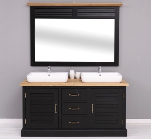 Set mobilier baie lemn masiv Mediterana negru, masca de baie dubla + oglinda, blat stejar masiv, 150 x 51 x 75 cm - Img 1