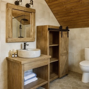 Set Mobilier baie Mocănița, masca lavoar + oglinda + dulap lemn masiv