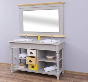 Set mobilier baie Shabby Chic lemn masiv, masca lavoar dubla + oglinda, 150 x 54 x 90 cm - Img 3