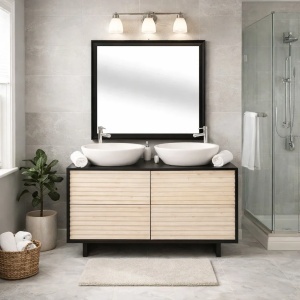 Set Mobilier de Baie dublu Pianno, masca pentru doua lavoare + oglinda 150 x 50 x 76 cm
