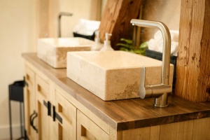 Masca de baie Equator pentru 2 lavoare pe blat, lemn masiv pin, 150 x 50 x 75 cm - Img 3