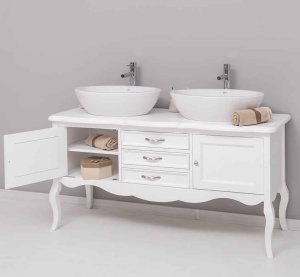 Masca de baie Lemn Masiv Shabby Chic pentru doua lavoare, 2 usi si 3 sertare, 150 x 54 x 75 cm - Img 6