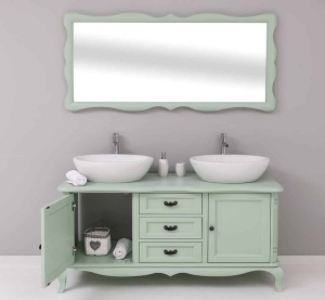 Set Mobilier de Baie lemn masiv Shabby Chic, oglinda + masca lavoar dubla - Img 2