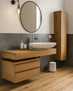 Set Mobilier baie Alexandros Stejar Masiv, blat lavoar cu sertare si 1 dulap - Img 1