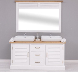Set mobilier baie lemn masiv Mediterana alb, masca de baie dubla + oglinda, blat stejar masiv, 150 x 51 x 75 cm - Img 4