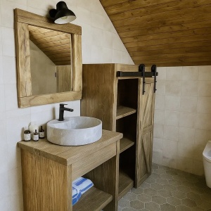Set Mobilier baie Mocănița, masca lavoar + oglinda + dulap lemn masiv - Img 2