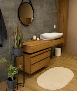 Set Mobilier baie Alexandros Stejar Masiv, blat lavoar cu sertare si 1 dulap - Img 2