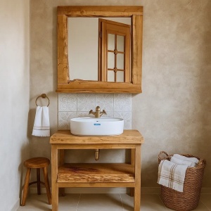 Set Mobilier baie Hora Stejar Masiv, Masca lavoar + Oglinda cu etajera - Img 2