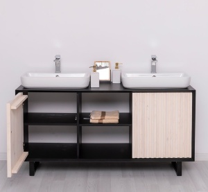 Masca de baie dubla lemn masiv + mdf Pianno, 2 usi, 150 x 50 x 76 cm - Img 2