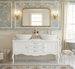 Masca de baie Lemn Masiv Shabby Chic pentru doua lavoare, 2 usi si 3 sertare, 150 x 54 x 75 cm - Img 1