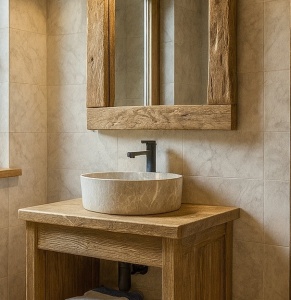 Set Mobilier baie Mocănița, masca de baie + oglinda lemn masiv - Img 2