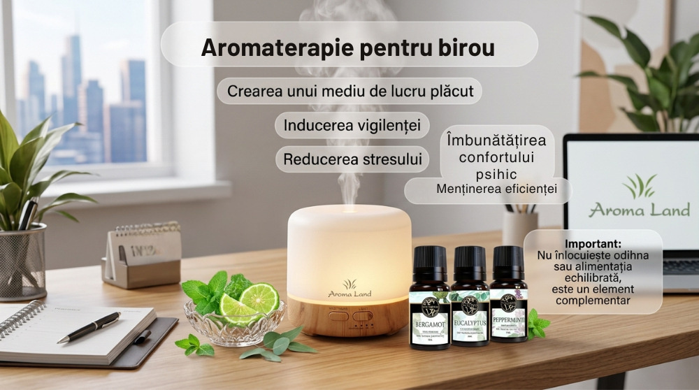 Aromaterapie pentru birou: uleiuri esențiale pentru concentrare și energie
