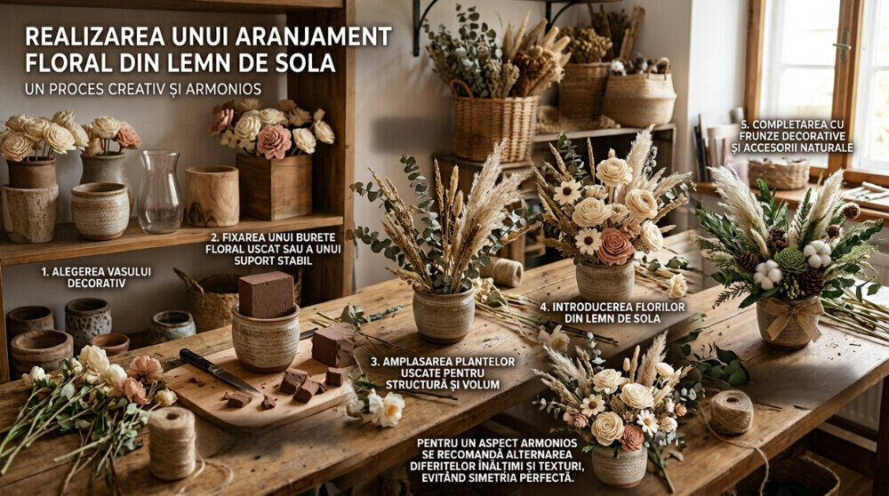 Realizarea unui aranjament floral din lemn de Sola si plante uscsate