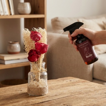 aranjament floral Rosu cu design minimalist in vas transparent, parfumat cu spray sau uleiuri aromaterapie