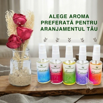 Aranjament floral Roșu în vas de sticlă + spray cadou la alegere