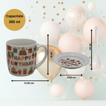 Cana aniversara Happy Birthday 300 ml cu lingurita si farfuriuta
