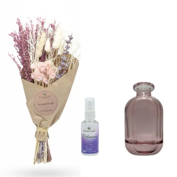set Mini Bouquet Pink, vază decorativă la alegere și spray de cameră Lavandă 
