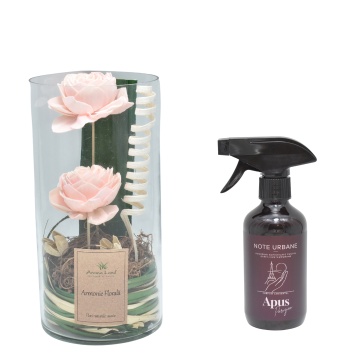 Aranjament floral Pink cilindru + cadou spray ambiental Apus Parizian din gama Note Urbane