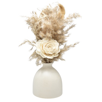 aranjament natural White Glow cu flori uscate si trandafir alb din lemn de Sola