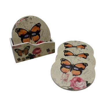 suport pahar decorativ MDF cu design floral si fluturi