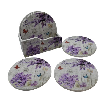 suport pahar decorativ MDF cu design floral lavender