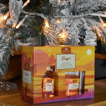 Blissful - Set cadou Craciun cu Reed Diffuser & lumânare parfumată cu aroma de Portocală si Cuișoare, Aroma Land