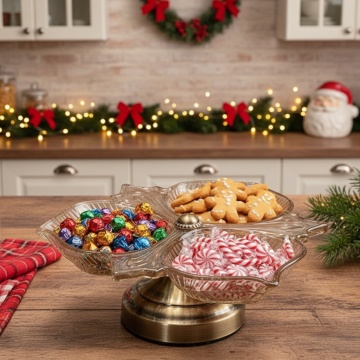 Fructiera decorativa Triple Flavor cu trei compartimente din sticla si suport metalic modern