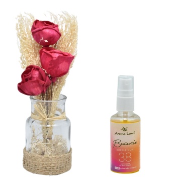 Aranjament floral Roșu în vas de sticlă + spray cadou Bubble Gum