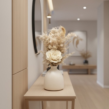 aranjament floral natural White Glow cu flori uscate realiste pentru decor interior cu trandafir alb