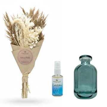 Set mini Bouquet Natur cu vază decorativă si spray de cameră Anti Tabac