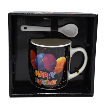 Cana ceramica Happy Birthday 200 ml cu lingurita, ideala pentru cafea sau ceai